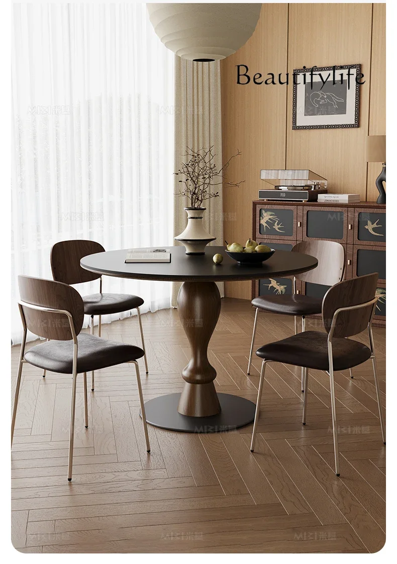 N45 Medieval style round table solid wood rock slab dining table and chair combination simple modern household small apartment r