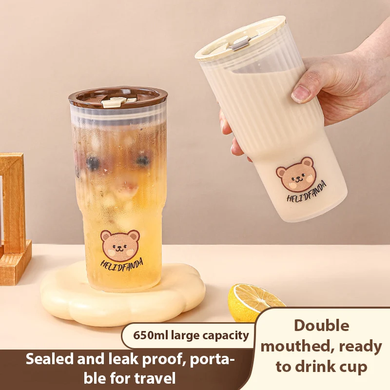 Transparent Plastic Tumbler With Straw Portable Cute Coffee Cup Large Capacity Water Bottle For Students Office Workers