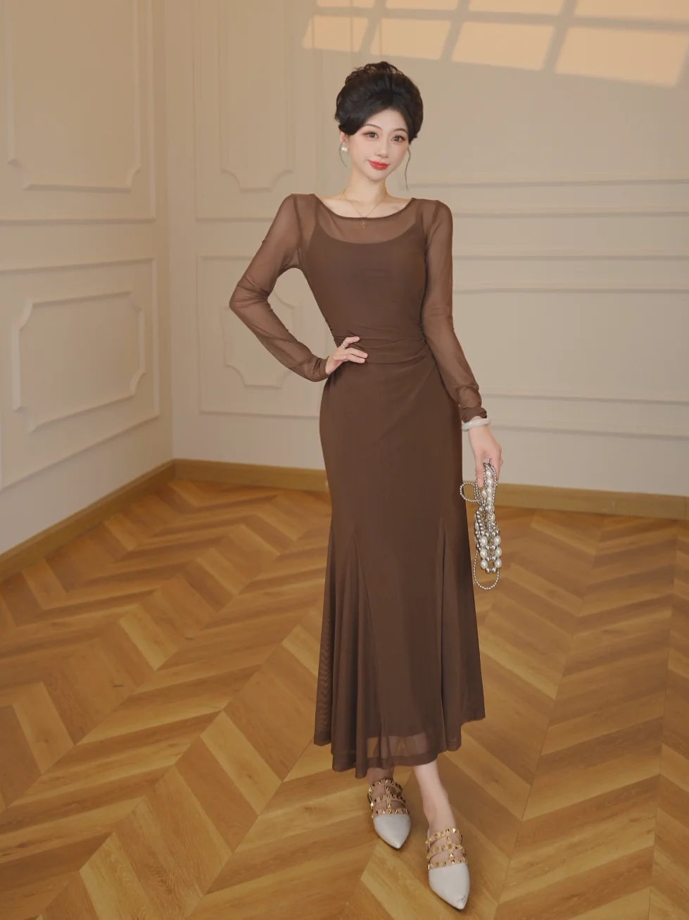 

Slimming Mesh Long Sleeve Wrap around Body Long Dress Two Piece Set Women's Fashion Outfit Polyester Fiber round Neckline