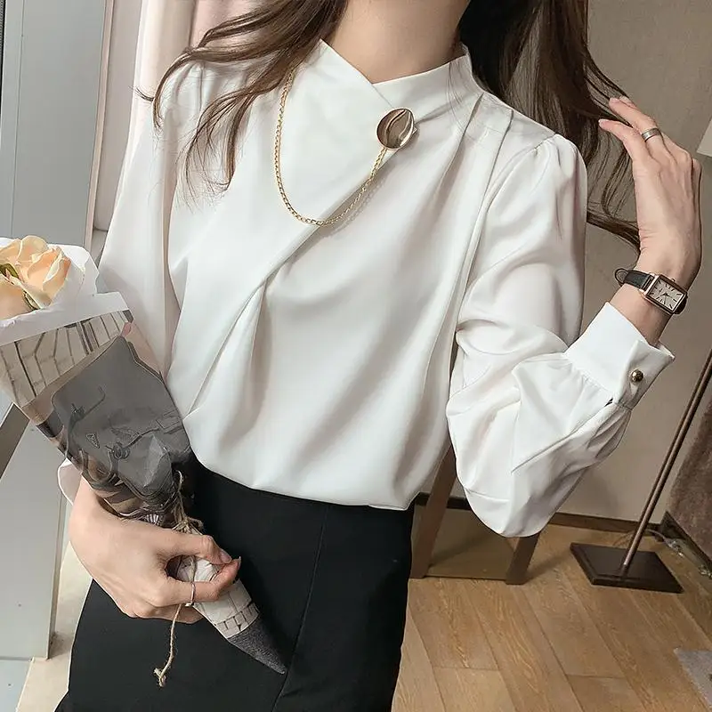 Women Fashion White Profession Office Wear Satin Blouses Urban Aesthetic Wild Long Sleeve Chain Design Solid Female Loose Shirt