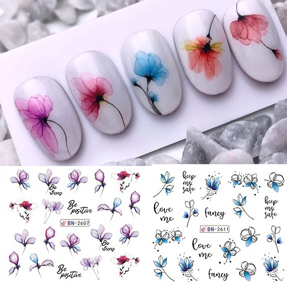 12 PCs Ink Flowers Nail Art Sticker Summer Water Decal Blooming Flowers Leaves Graffiti Slider Nail Decoration Foils Tattoo