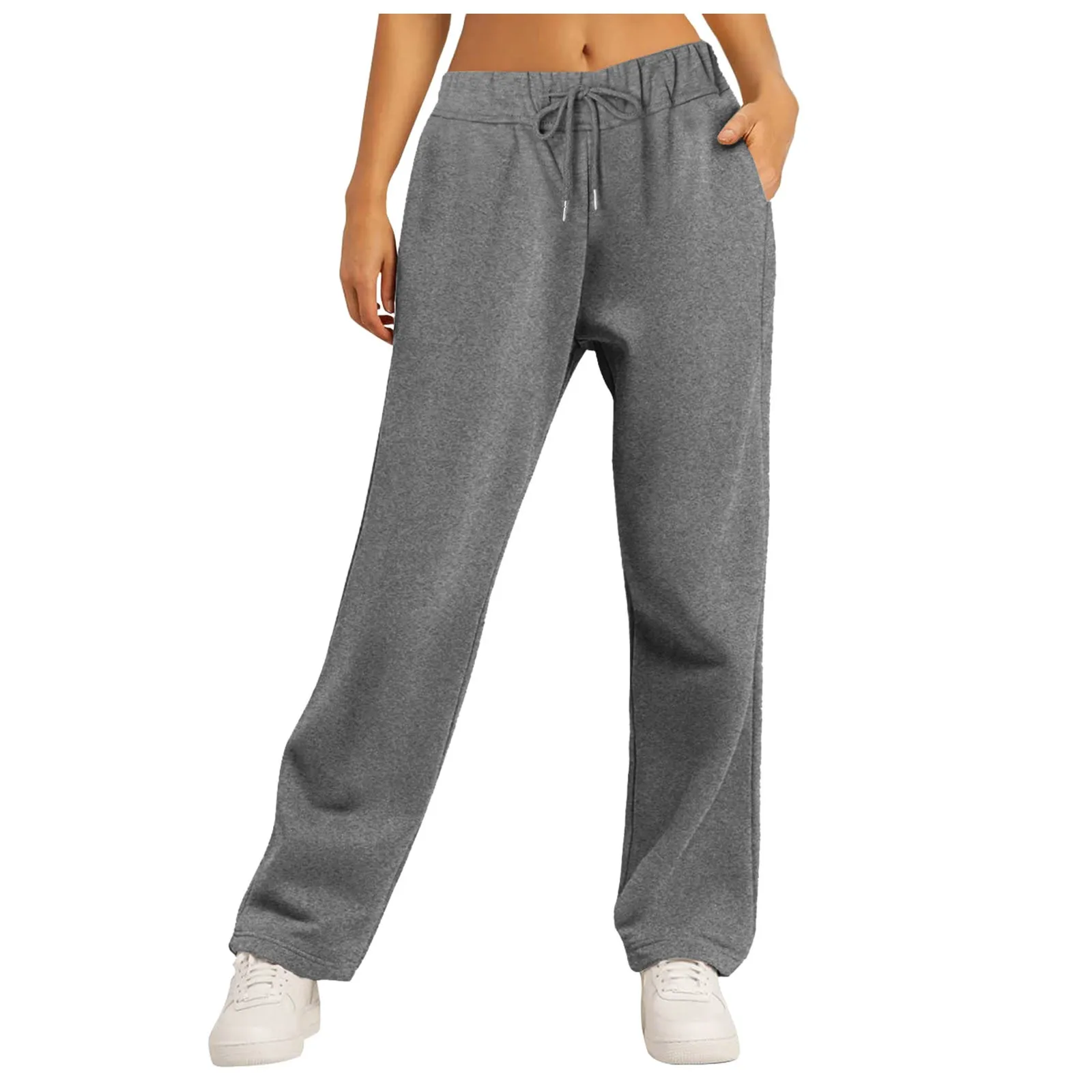 Fashionable women's solid color casual sports pants, versatile for outdoor travel and camping, wide leg straight leg pants