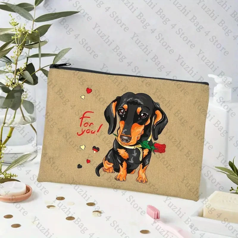 Peace Love Dachshunds Dogs Cosmetic Bags Beauty Linen Makeup Bag Bachelor Lipstick Pencil Case Travel Toilet Pouch for Dog Lover