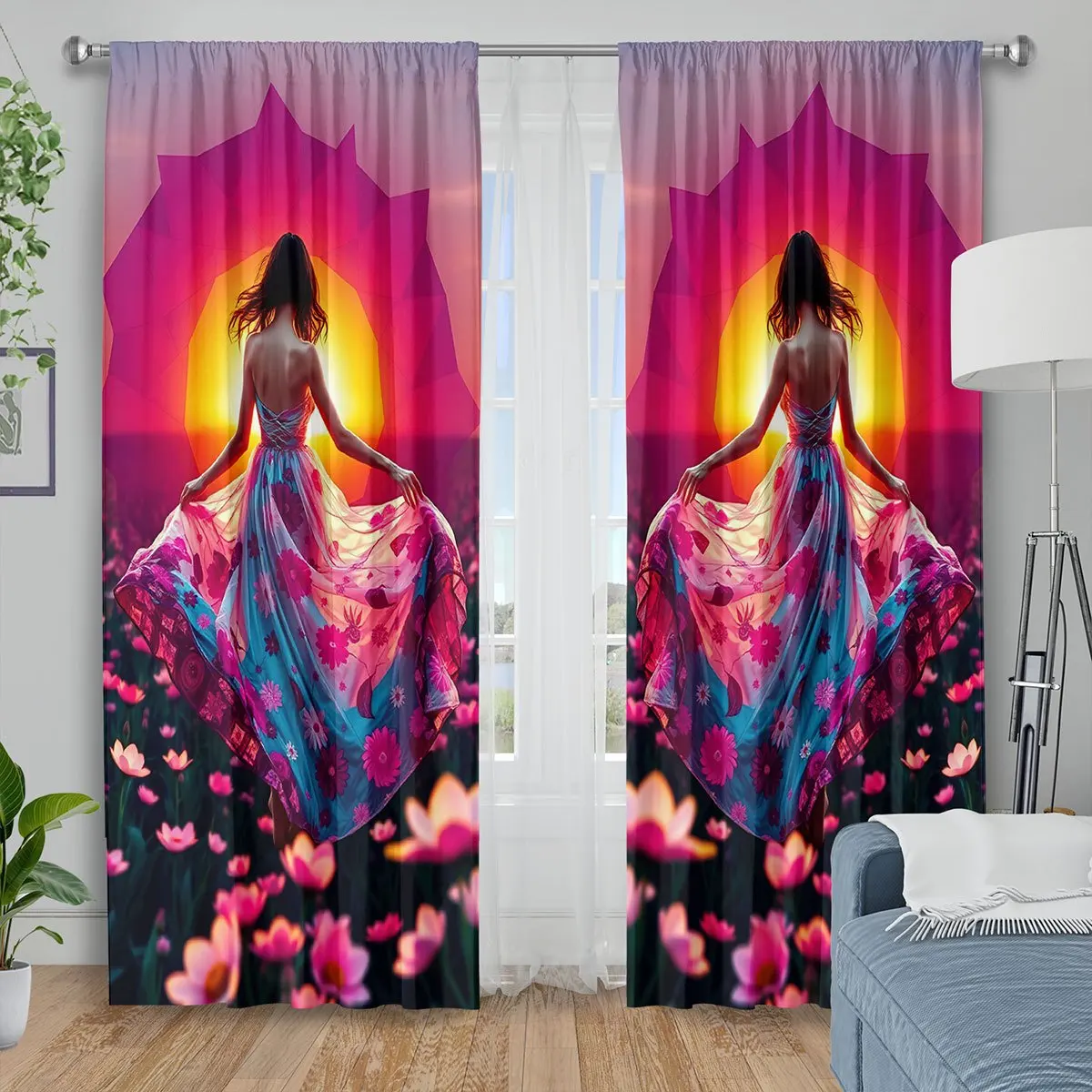 3D Lotus Goddess Print Curtains, Yoga Meditation Boho Blackout Drapes for Bedroom, Spiritual Floral Home Decor Window Treatment