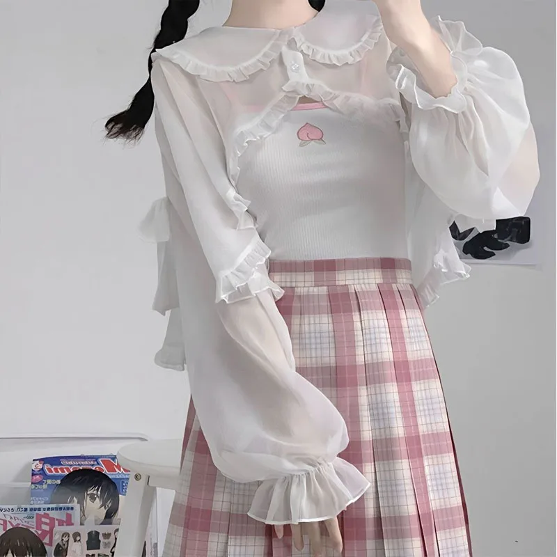 Solid Color Immortal Qi Summer Women Cardigan 2024 New Thin Style Lolita Patchwork Lace Doll Collar Long Sleeved All-match Tops