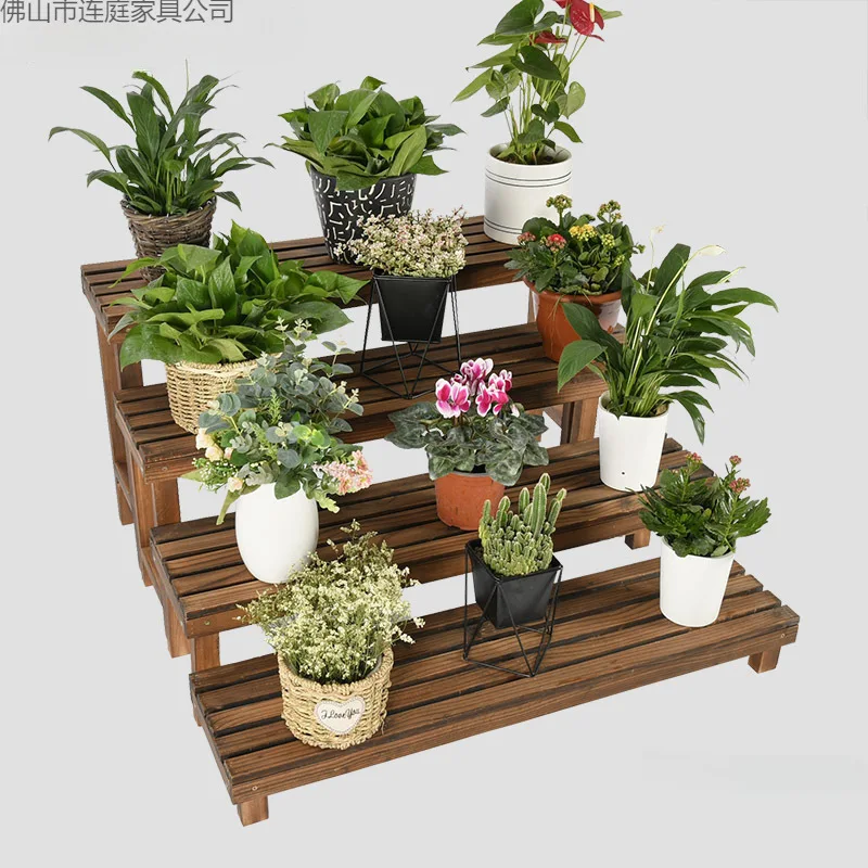Solid wood steps outdoor carbonized wood preservative wood flower stand ladder ground balcony succulent flower stand outdoor