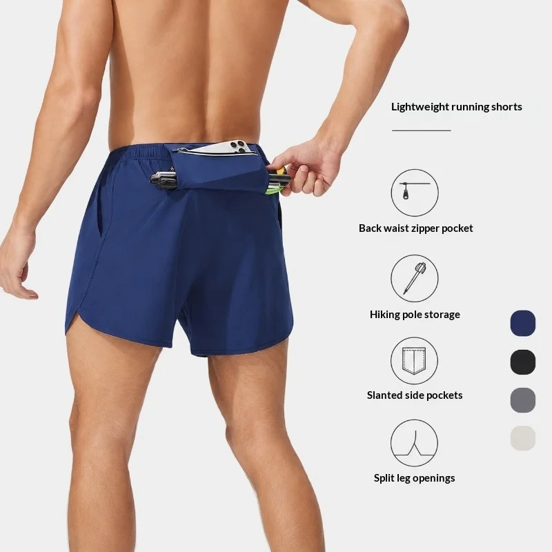 Men Lightweight Running Shorts Back Zipper Pocket Quick Dry Athletic Shorts Split Hem Design Gym Workout Training Jogging Short