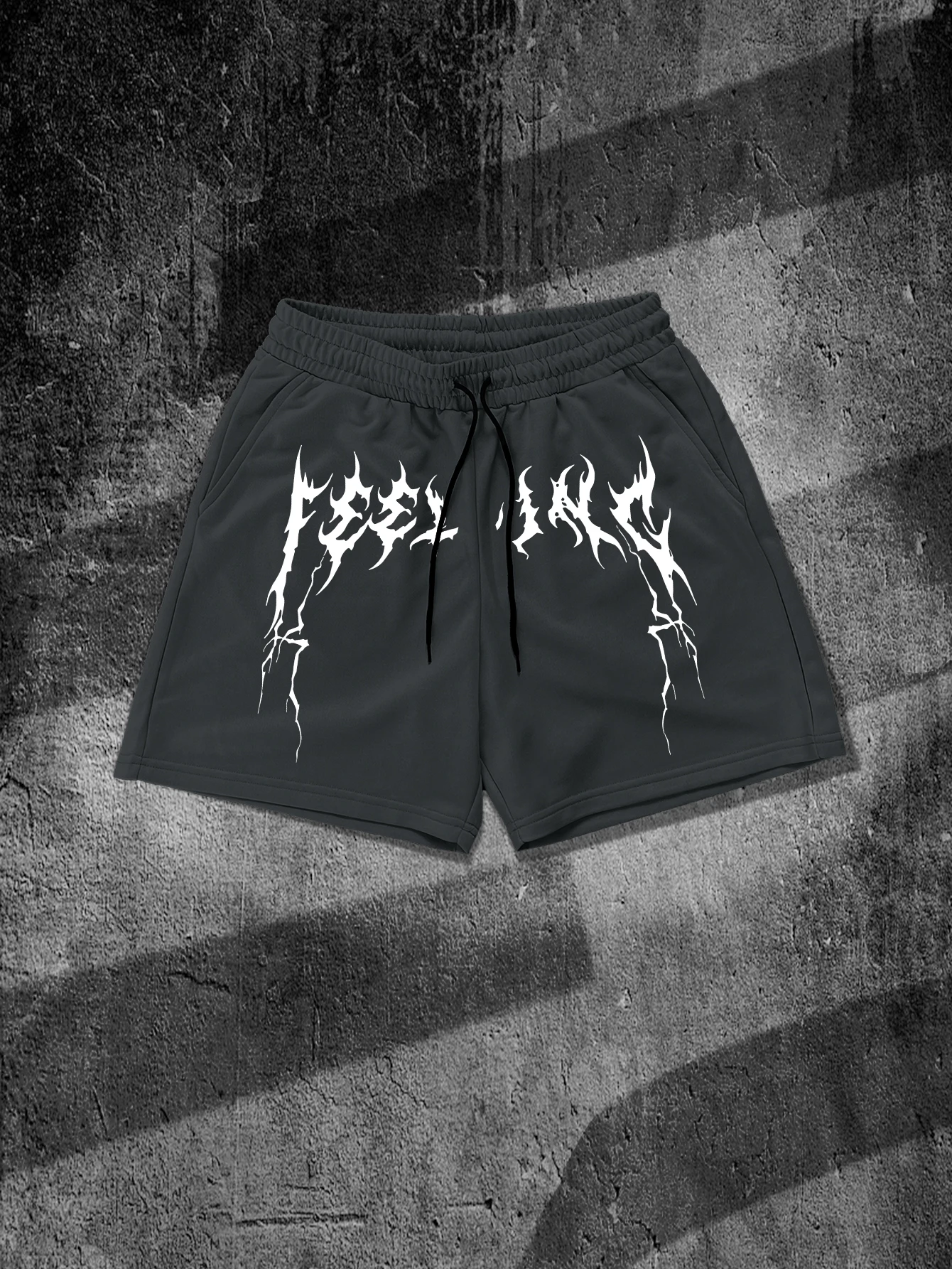 Men's Darkside Blackletter Feeling Graphic Shorts Gothic Lightning Thorn Print Dark Grunge Streetwear Drawstring Casual Shorts
