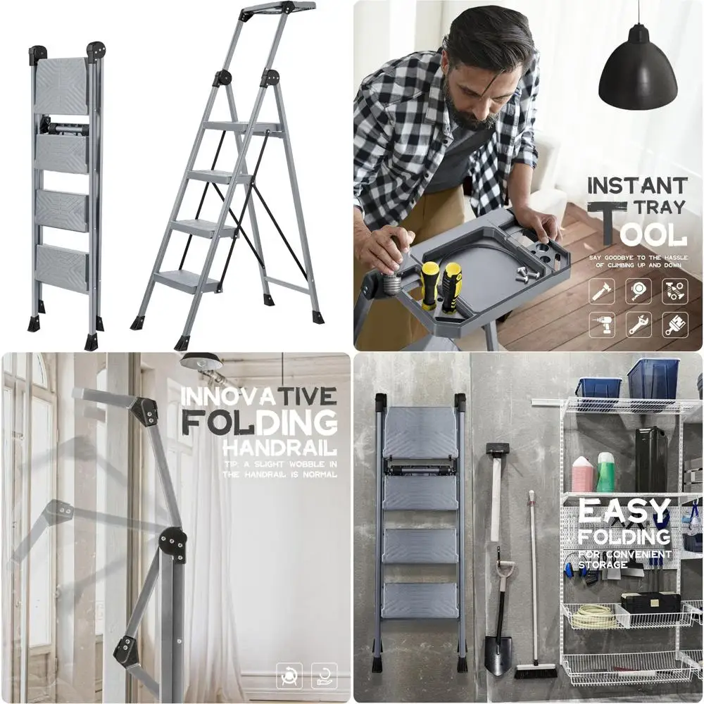 

Foldable Heavy Duty Step Ladder with Handrails, Tray, and Wide Pedals, Supporting 660 lbs, Sturdy Steel Construction, Ideal for