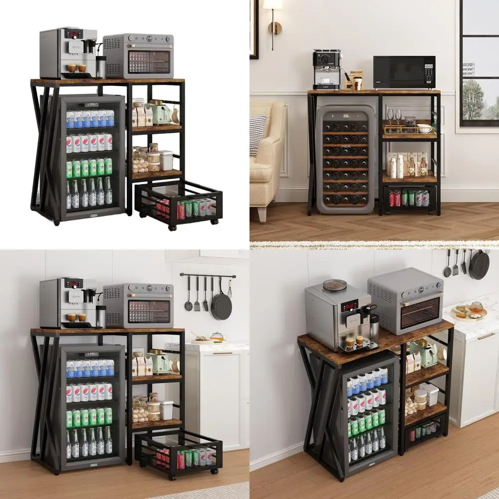 Multi-functional Kitchen Storage System with Rolling Basket, Coffee Bar, Mini Fridge, and Microwave Stand