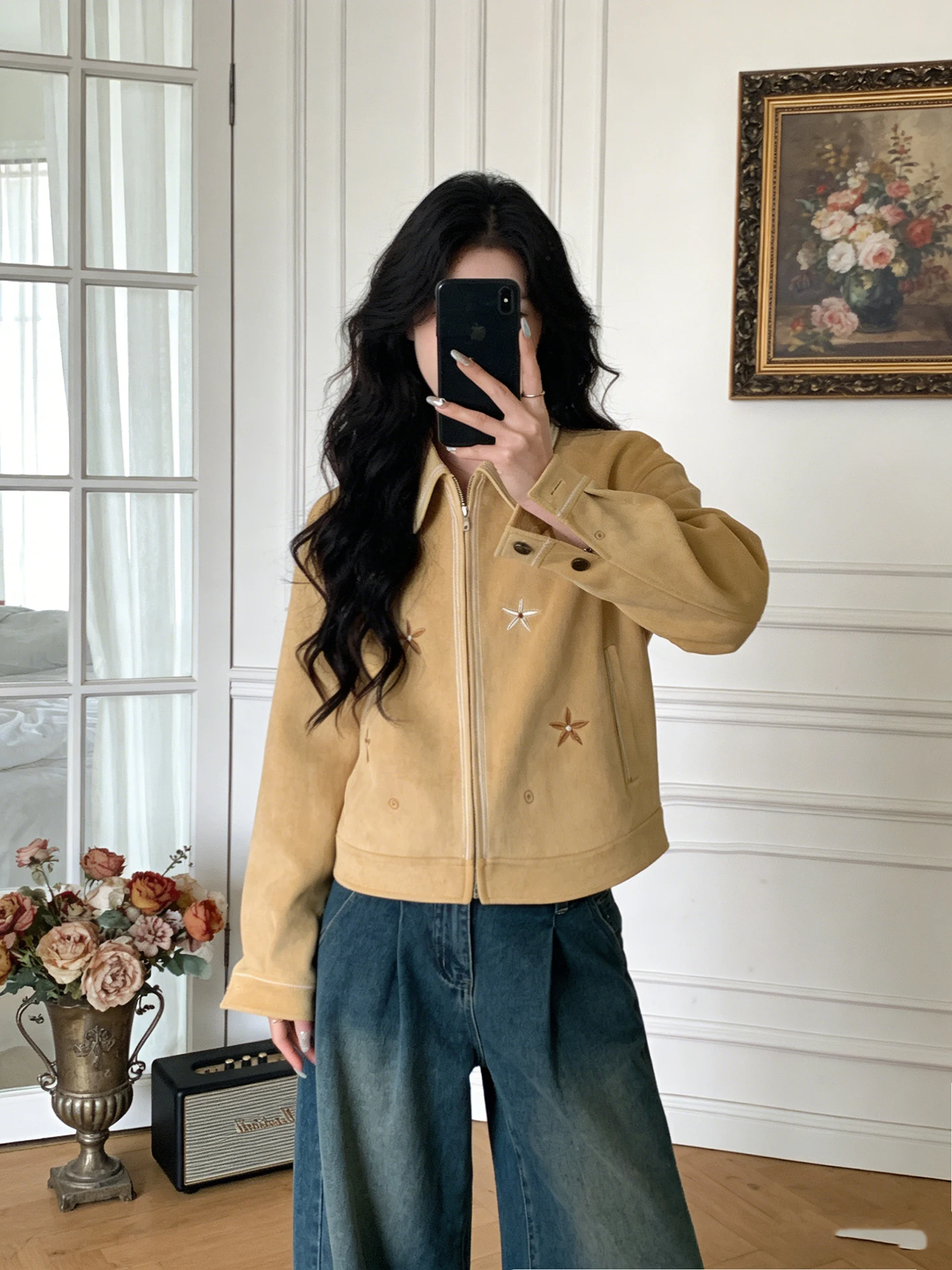 

Korean Retro Heavyweight Embroidered Suede Jaet Women's New Design Sensation High Collar ort Top Zipper Closure