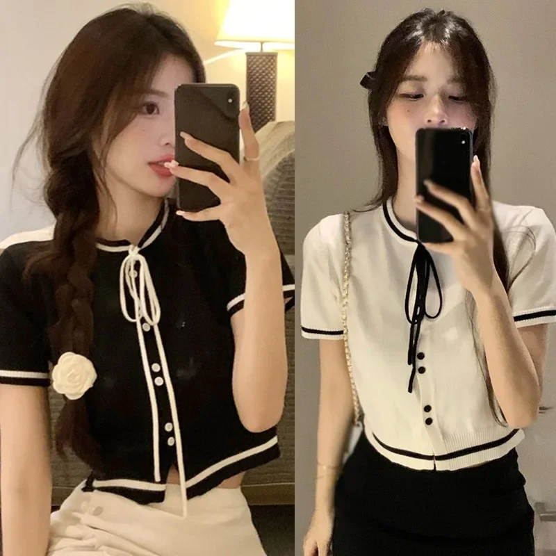 

Korean Version Round Neck Short Sleeved T-shirt With Bow Tie Single Breasted Knit Top Shirt Casual Women's T-shirt