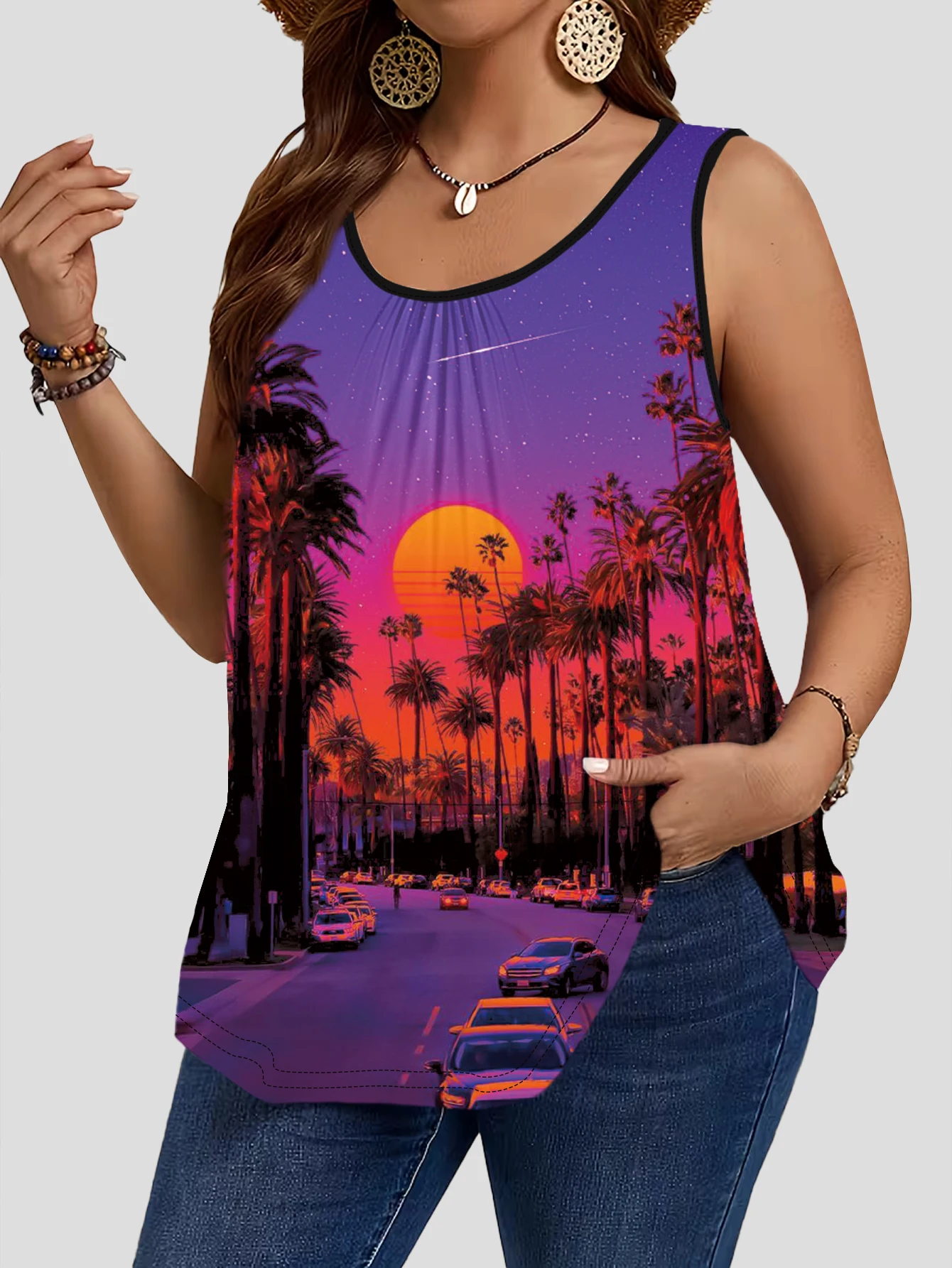 3-Piece Set of Plus-Size Sleeveless Vests｜Vintage Cyber Cyberpunk Palm Tree Sunset Highway Landscape Print Loose-Fitting, Flesh-Covering, Round-Neck Casual Outerwear Top 3