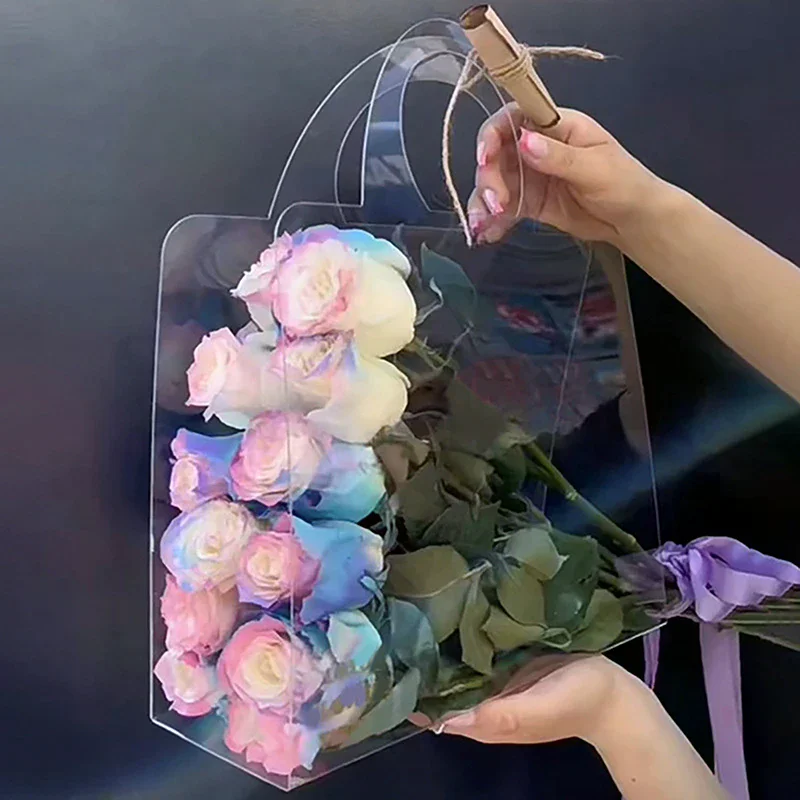 1pc Transparent Pet Fresh Flower Bouquet Handbag Flowers Wrapping Handbag Festivals Party Rose Package Portable Packing Bag