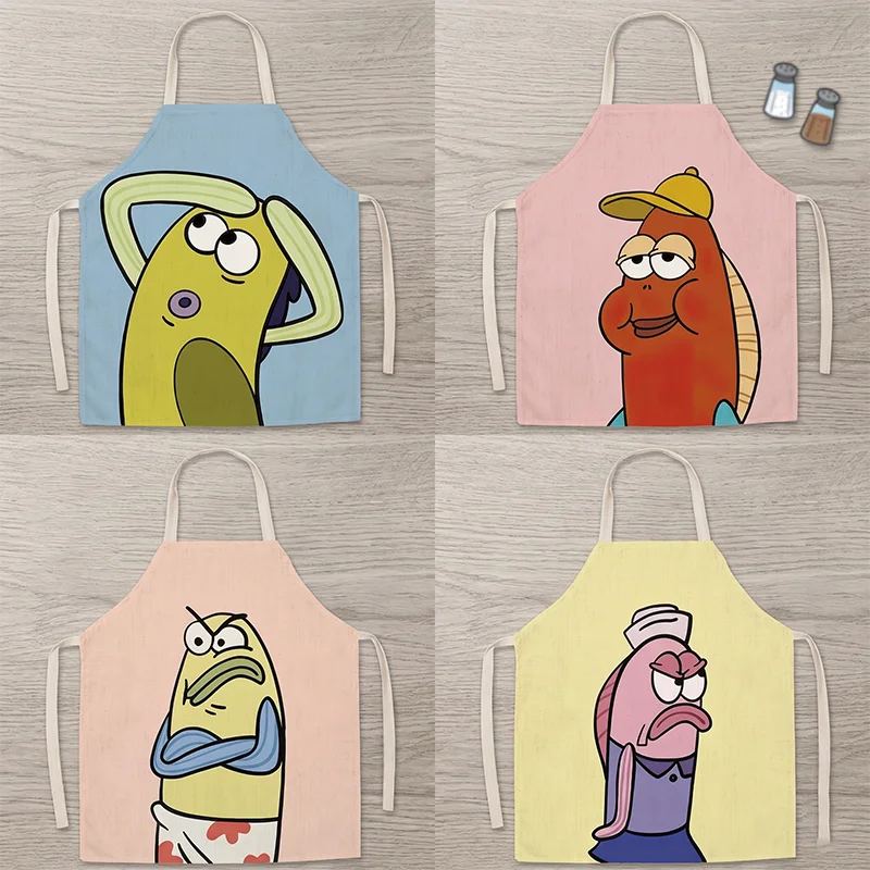 

Funny Cartoon Fish Print Apron For Women Men Kitchen Cooking Baking Bib Peach Skin Sleeveless Pinafore Home Cleaning Accessories