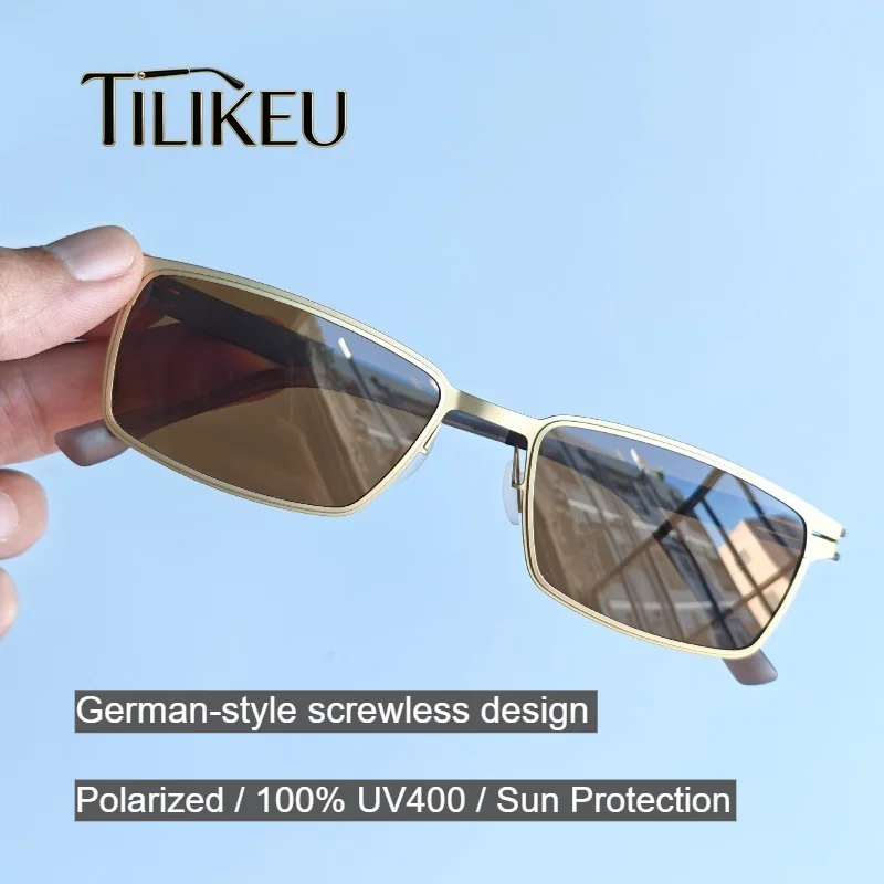 German Designer Polarized Sunglasses for Men Ultra-thin Steel Rectangular Eyewear Anti-UV400 Men Driving Screwless Sunglasses