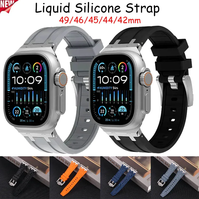 

Жидкий силиконовый ремешок для Apple Watch Ultra 3 2 49 мм 11 10 46 мм Серия 9 8 7 45 мм Металлический разъем Браслет iWatch 6 5 SE 44 мм