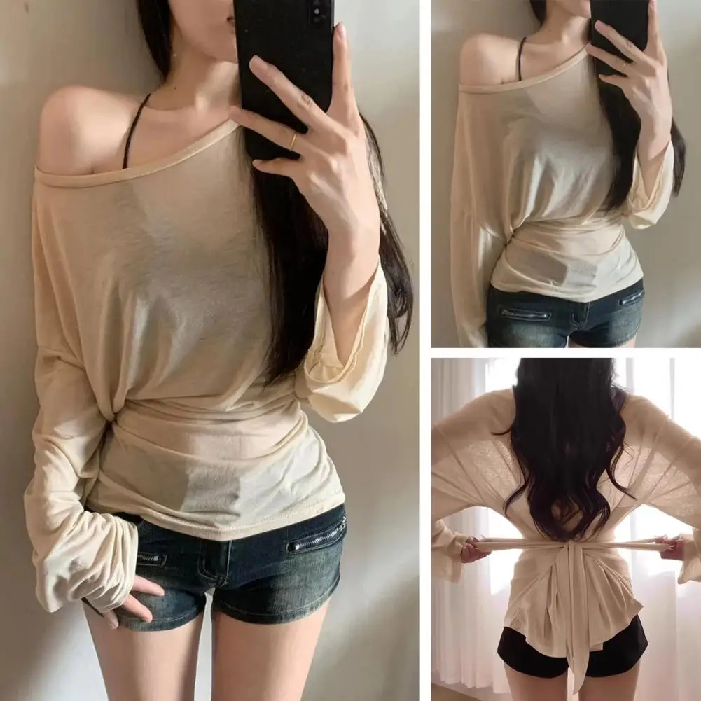 

Summer Blouse Slope Collar Long Sleeve Lace-up Waist Sun Protection Cover-Up Soft Stretchy Solid Color Tops Casual Daily Wear
