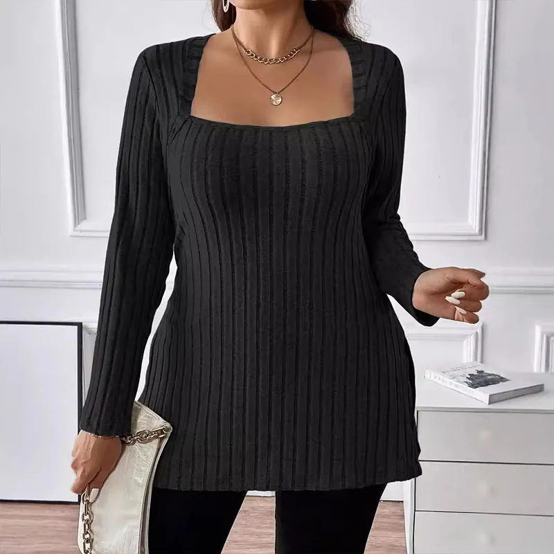 Fashion square neck women's spring and autumn side slit long sleeved casual long top, size reference size chart