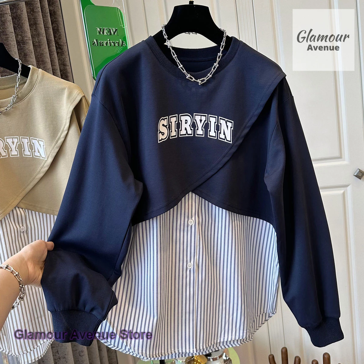 French style fashion plus size high sense stripe stitching sweater women spring and autumn loose temperament niche fake two tops