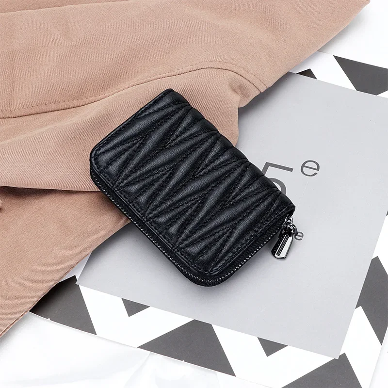 Fashion Women's Card Bag Genuine Sheepskin Leather Designer Wrinkle Credit Cards Holder Coins Organizer Wallet Women Coin Purse