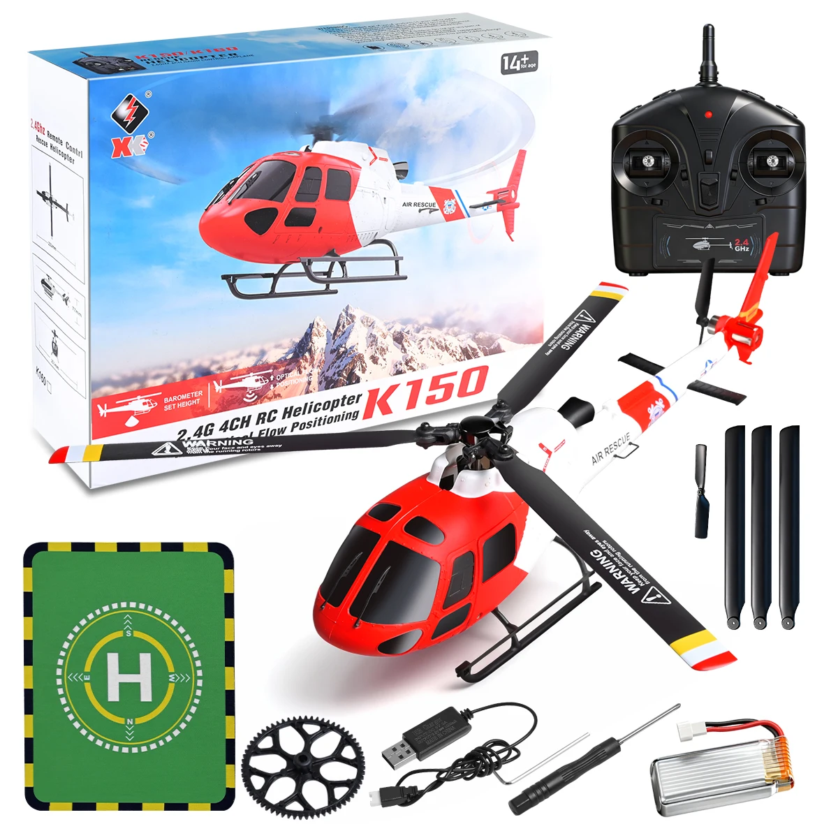 K150 RC Helicopter 2.4G 4CH 6-Axis Flybarless AS350 Air Rescue RC Plane With Altitude Hold Optical Flow Helicopter Model Toys