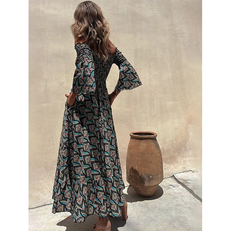 2026 New Style Fashion Women Off Shoulder Print Waist Cinching Slimming Geometric Pattern Bodycon Versatile Commuter Style Dress