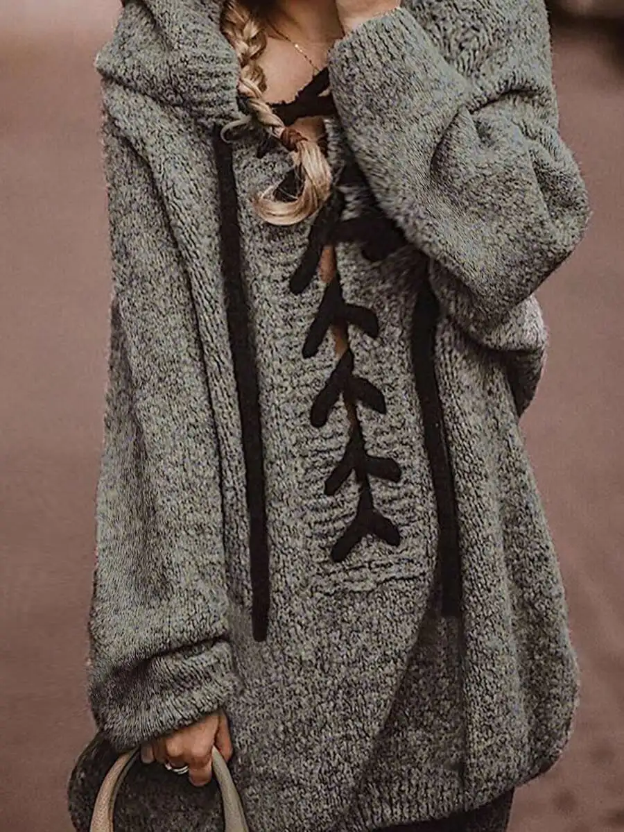 

Womens Hooded V-Neck Casual Pullover Sweater With Drawstring Warm Outerwear