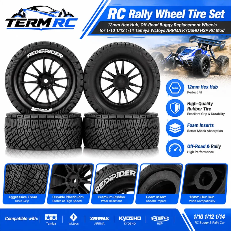 4Pcs 1/10 1/12 1/14 RC Rally Tires with Rims 12mm Hex NOT PRE-GLUED for Tamiya WLtoys