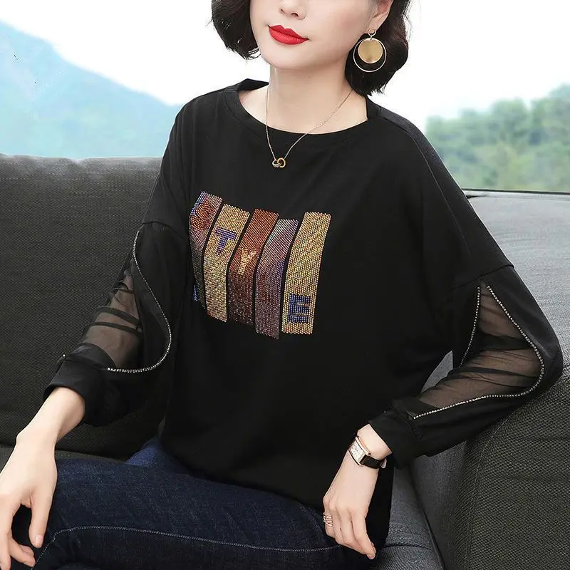 

Spring Autumn Korean Batwing Sleeve T-shirt Women's Bright Diamond Loose Bottoming Shirt Long Sleeved Top M-5XL