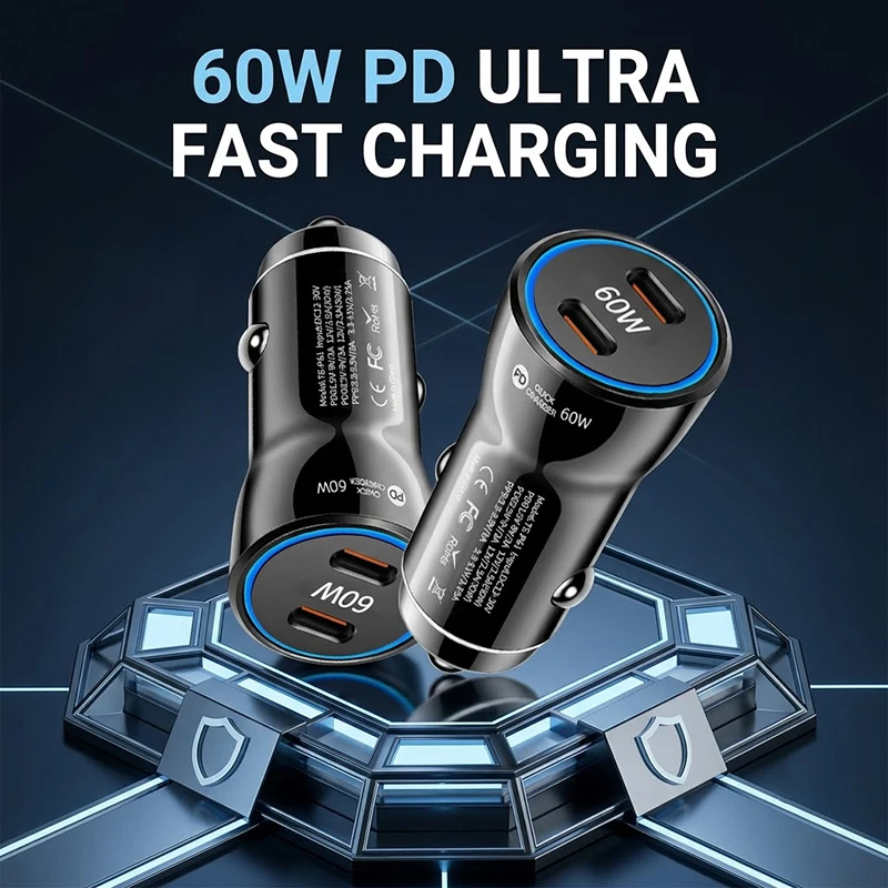 

2pcs 60W Dual PD Car Charger Fast Charge Adapter High Power Type C Auto Port With Protection Safety Chip Works With Devices