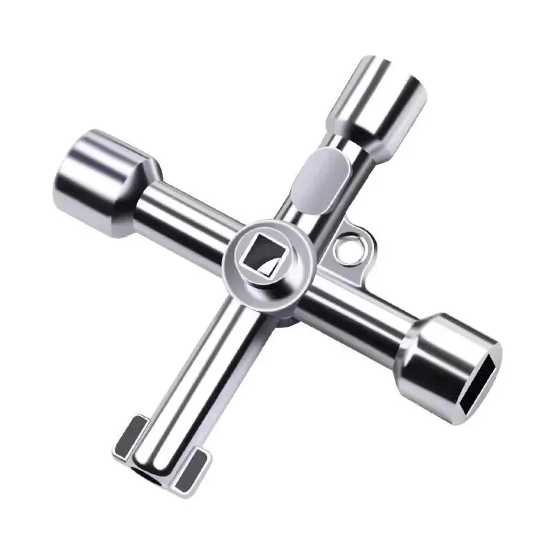 4-in-1 Multi-Function Silver Key Wrench Tool for Electric Control Cabinets Valves Elevators with Hex Square Screwdriver Bits