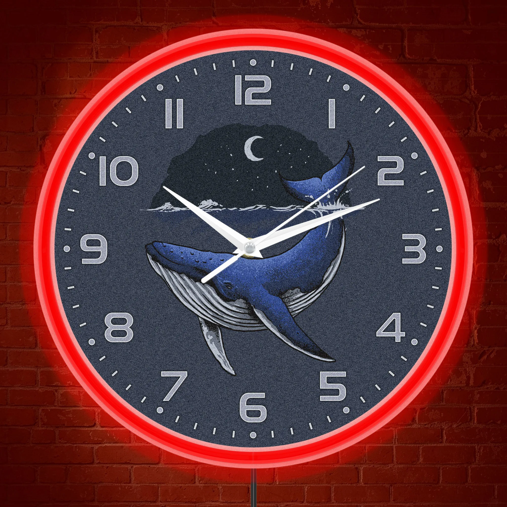 Starry Moon Sea Night Blue Whale Neon Rim Wall Clock Nautical Ocean Decor Underwater Sea Wildlife LED Night Light Wall Clock