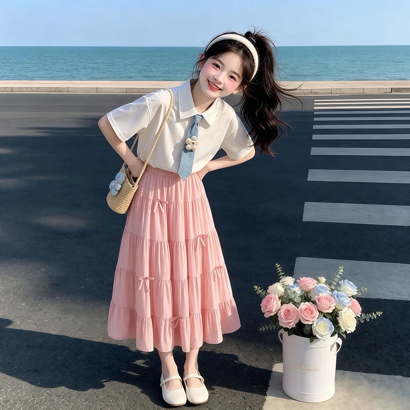 6-14Y Kids Girls 2Pcs Summer Outfit Collar Sailor Tee Ruffle Tiered Bow Midi Skirt Casual Holiday Two Piece Clothing Set