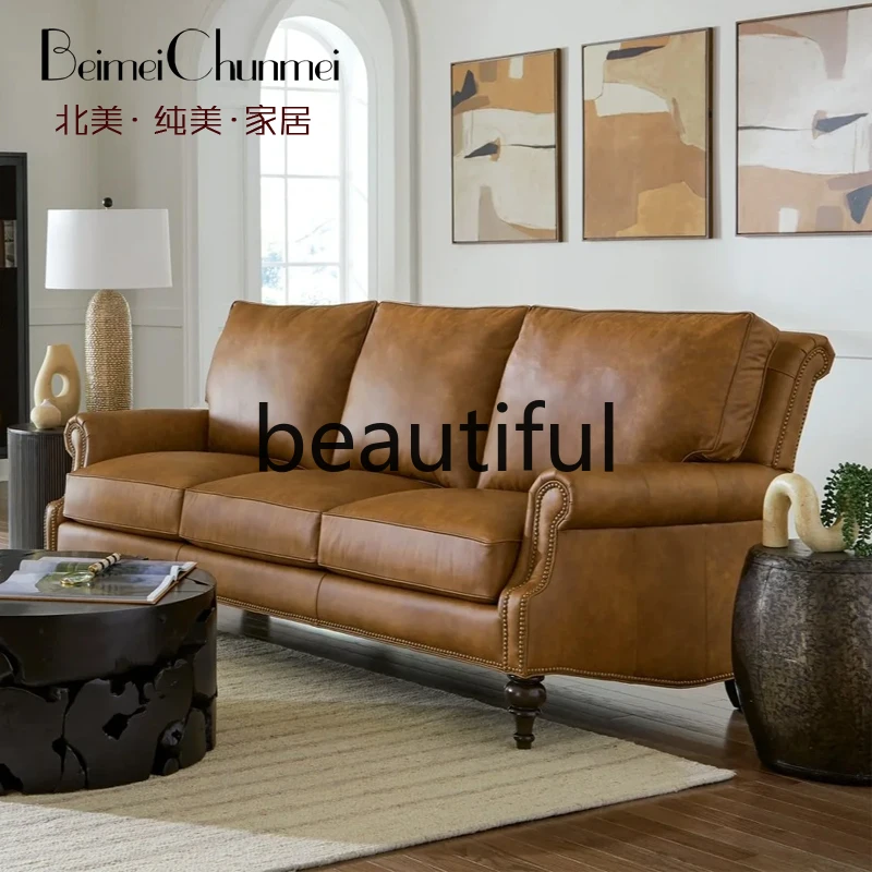 American retro leather art living room furniture combination sofa three-person sofa