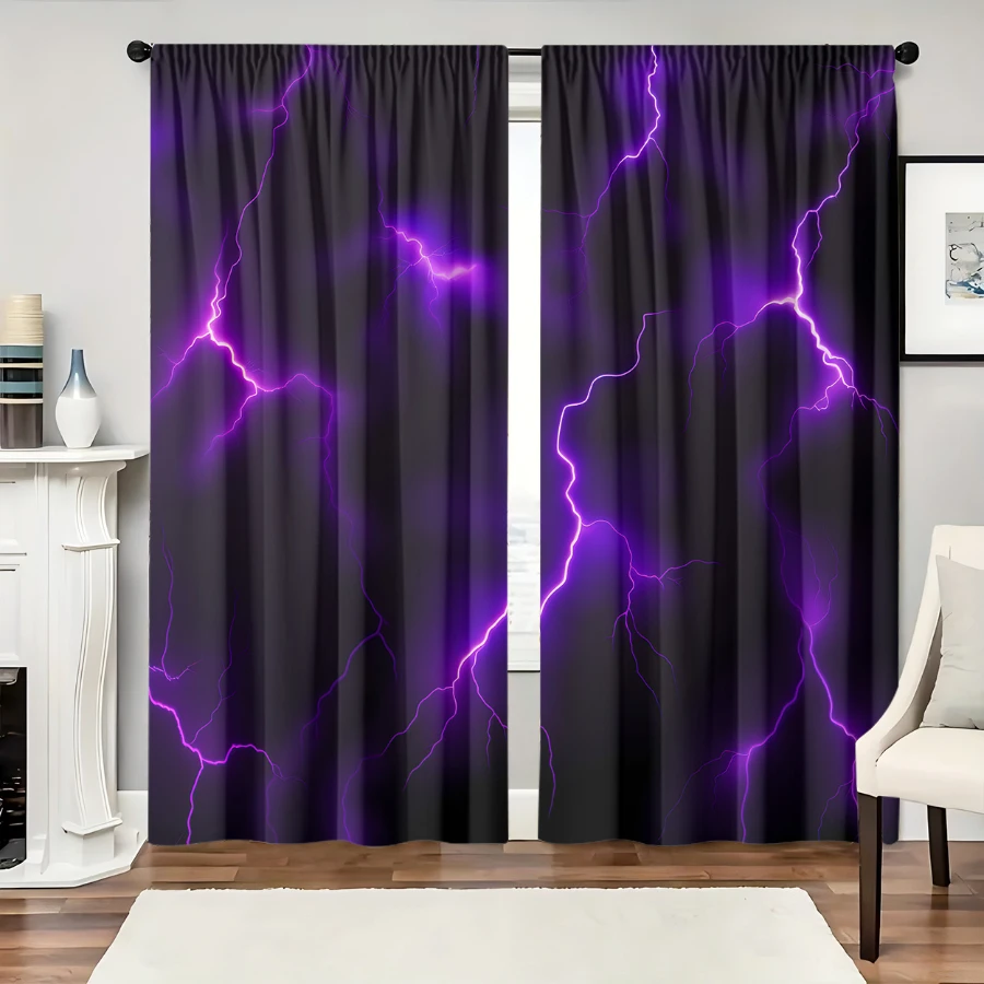 2PCS Digital Print  Curtain, Purple Lightning, Bohemian Style  Curtain Panel for Home Living Room Bedroom Decor