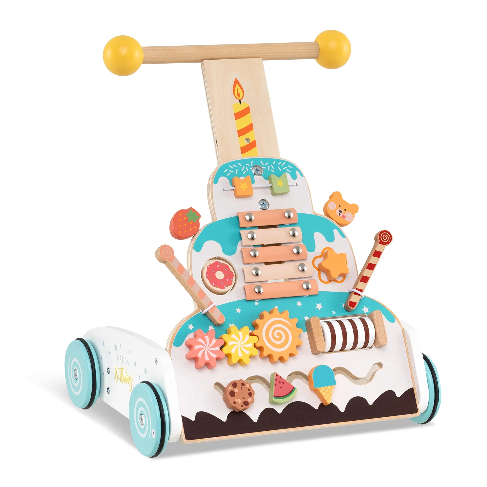 

Wooden Baby Walker Ice Cream Cart Toy with Sweet Accessories & Smooth Wheels