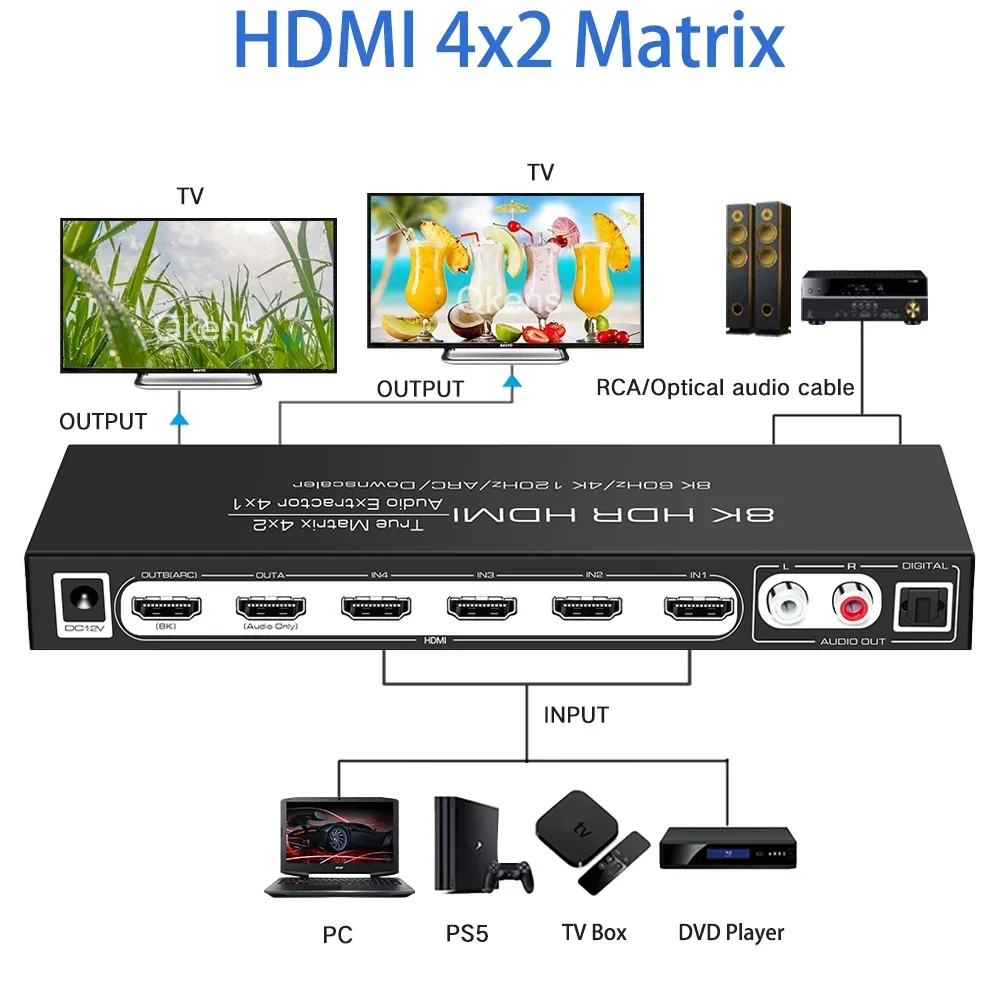 HDMI2.1 8K HDR HDMI مصفوفة 4x2 التبديل الفاصل 4k 120hz دعم Dolby Vision Atoms 4x1 مستخرج الصوت ARC EDID PASS 2CH 5.1CH