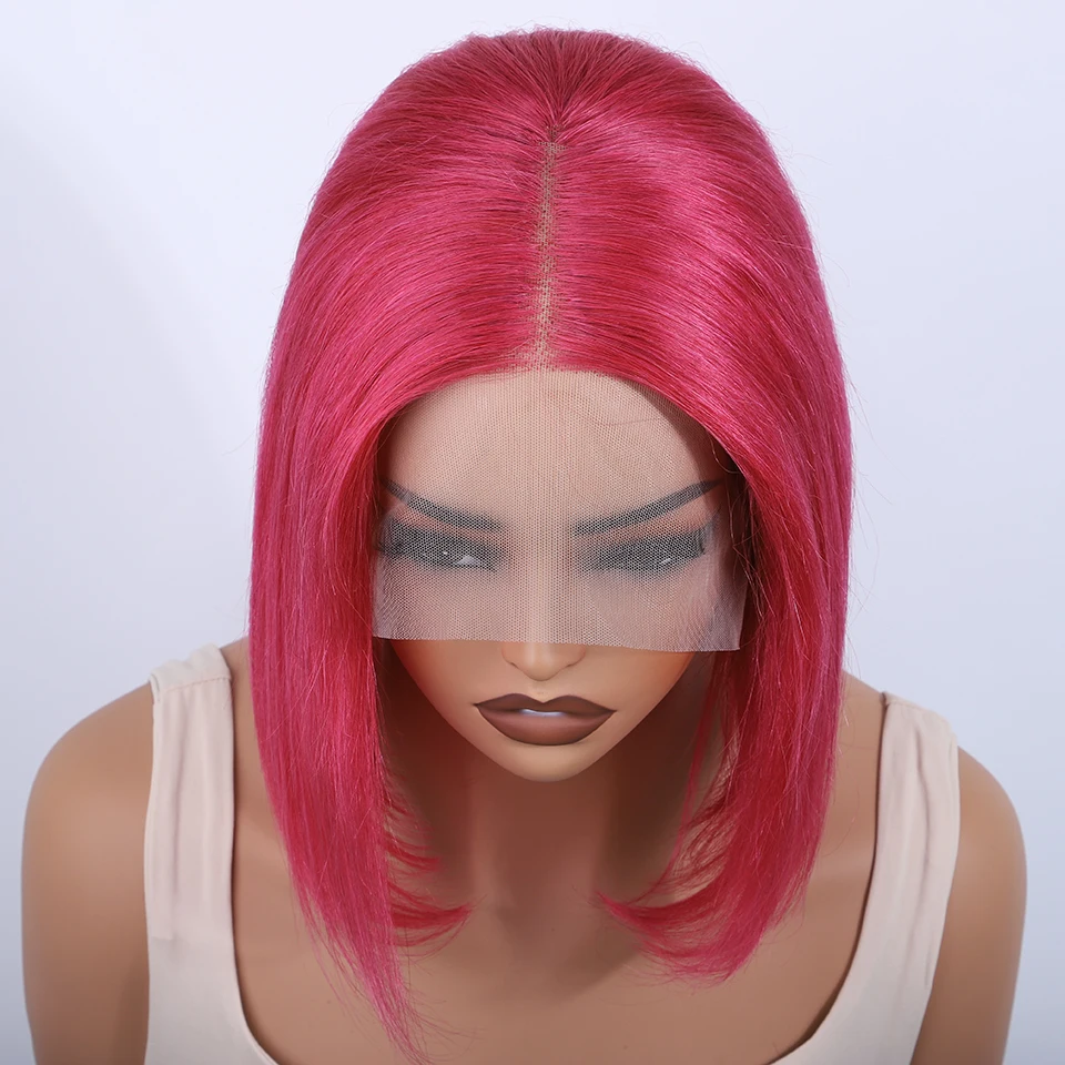 

Peruvian Straight Short Bob Wig 13*5*2 T Part Lace Front Human Hair Wigs 180% Density Pink Color Lace Front Human Hair Wigs