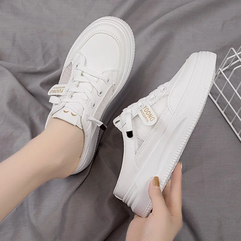 2023 Women Shoes Canvas Tenis Casual Half Slippers Flats Female White Mules Backless Sneakers Mesh Breathable Fashion Loafers