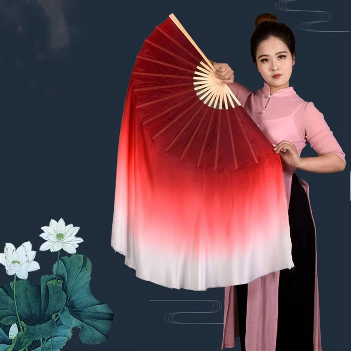 Red Half Circle Double Fan Veils Silk Women Folk Dance Veil 1 Pair 2 Layers Light Silk Dance Veil Hand Dye(1L+1R)