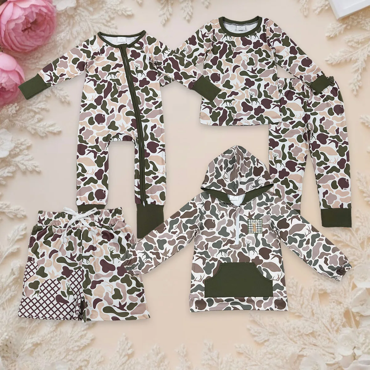 

New Fashion Kids Designer Clothes Baby Boy Embroidery Dog Deer Camo Set Shorts Boutique Sibling Clothing Romper Boys Hoodies Top