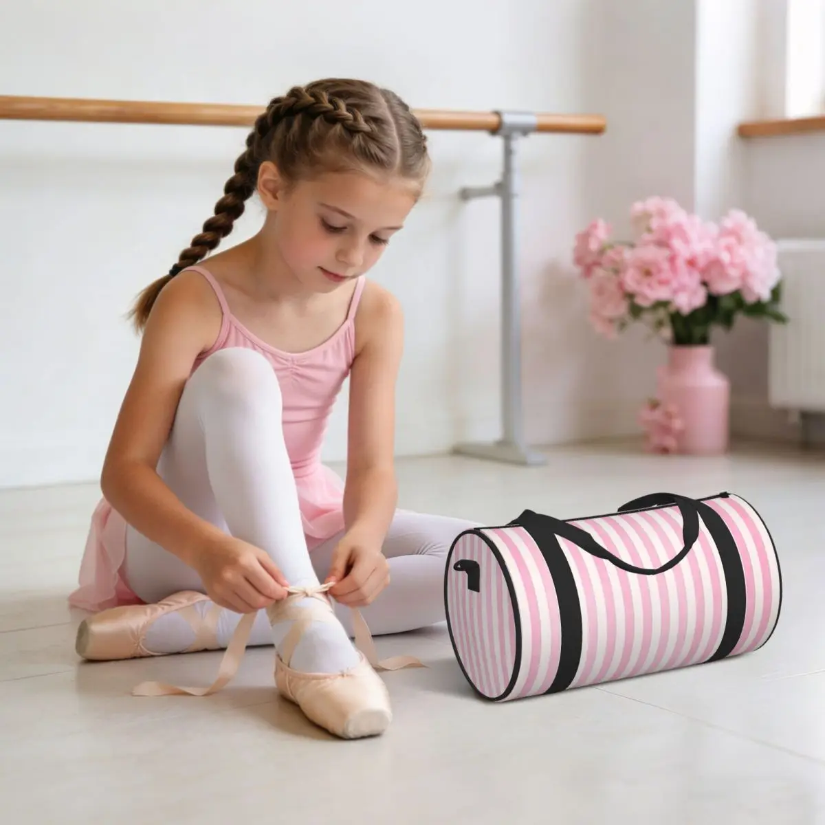 Bolsa de Viaje Rosa Pálido con Rayas Blancas, Bolsa de Lona de Gran Capacidad, Bolsos de Mano, Bolsas de Gimnasio, Bolsa de Fitness para Niños y Niñas