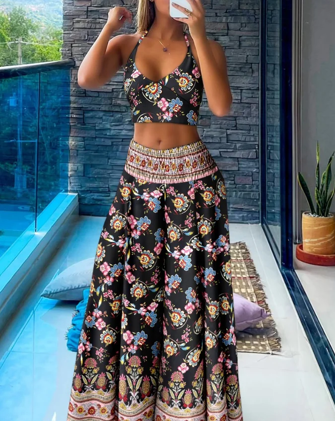 Fashionable Women 2 Piece Tribal Pattern Haltered Crop Top with Shirred High Waist Wide Leg Pants Vacation Pants Set
