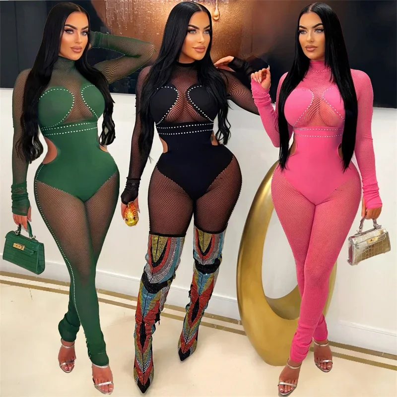 Sexy See Through Patchwork Mesh Jumpsuit Women Long Sleeve Hollow Out Skinny Night Club Outfits One Pieces Rompers Overalls Body