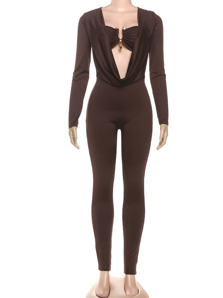 Midnight Jumpsuits Women Metal Decoration  Sexy Fashion Hollow Swing Collar Full Sleeve Skinny Peach Hip Party Overalls