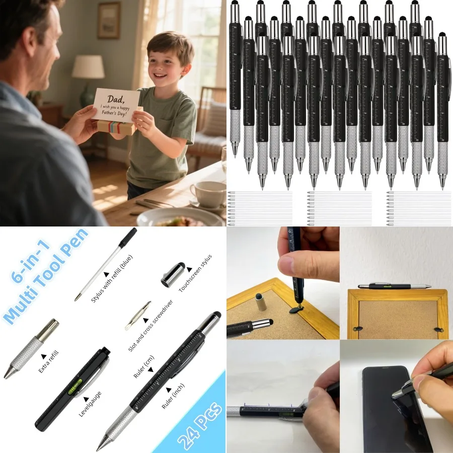 

24 шт. многофункциональная ручка 6-в-1 с отверткой для измерения уровня линейки и 24 сменными стержнями синего цвета идеально подходит для офисного проекта «сделай сам»