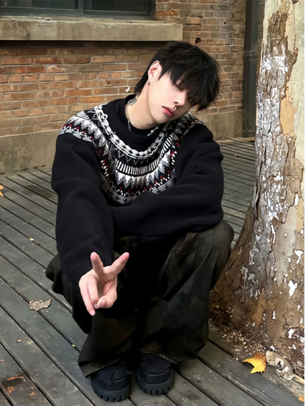 Retro American Fair Isle Knit Sweater Men's Loose Long Sleeve round Neck Thickened Warm Winter Casual Fashion Knittedwear