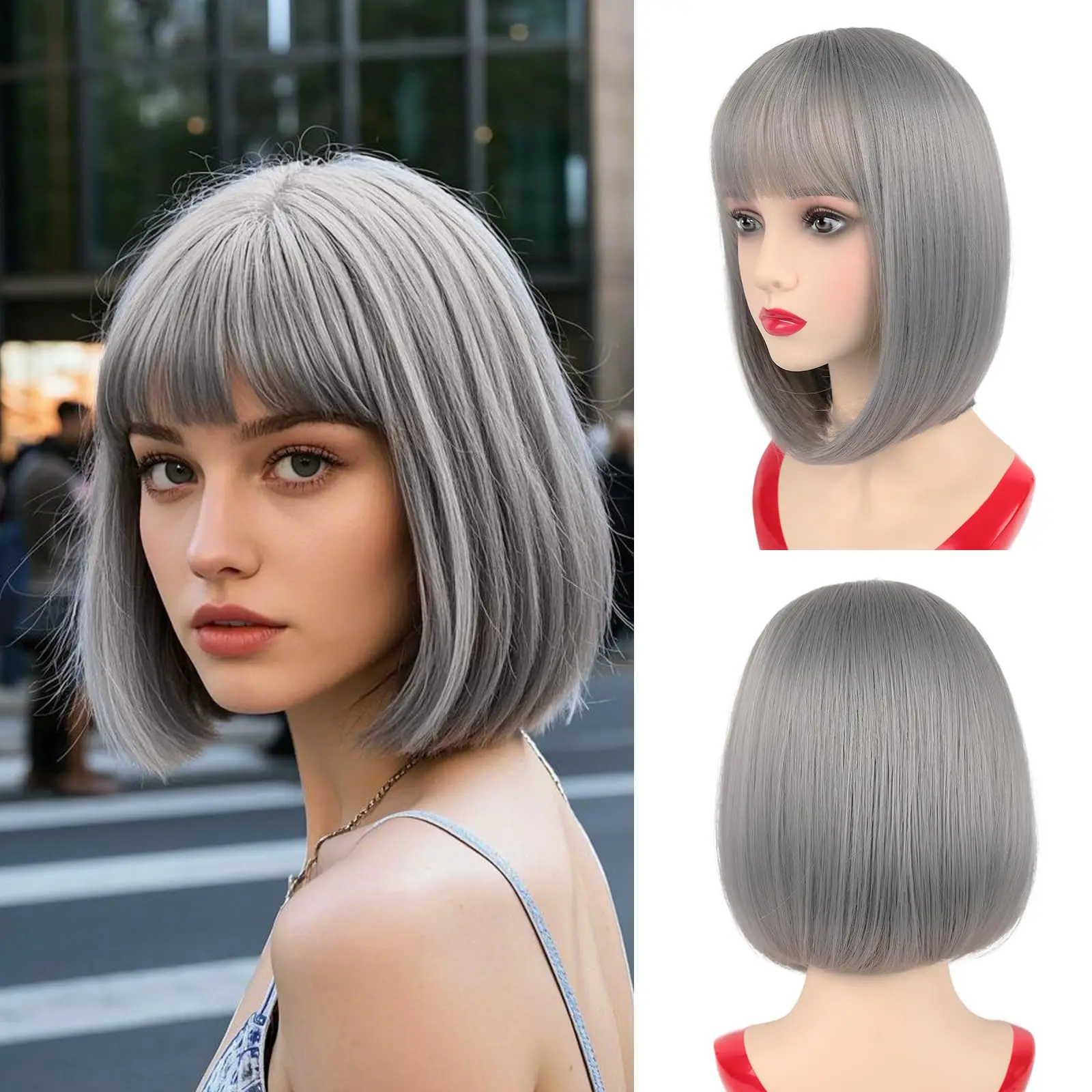 Modische rosa Bob-Frisur aus Kunsthaar für Partys, Halloween-Cosplay-Perücke, tägliches Hochtemperatur-Haaraccessoire-Set. – Detail 9
