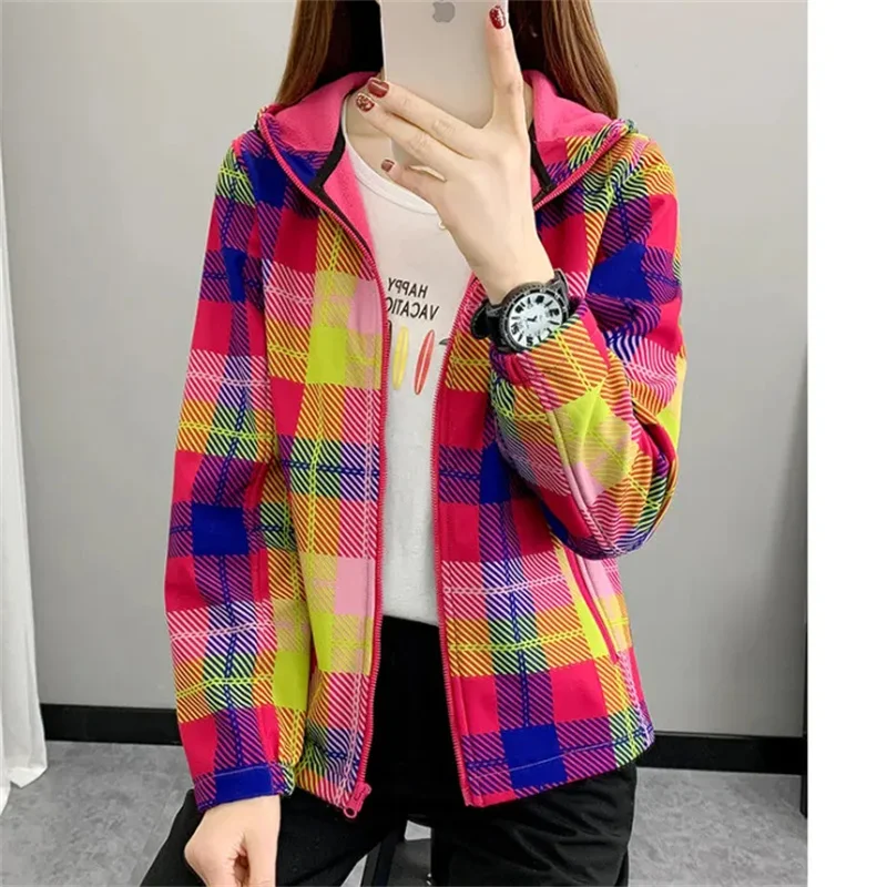 Neue Frühling Herbst Winter Plaid Jacke Mode Frauen Im Freien Winddicht Warme Fleece Bergsteigen Sport Mantel Oberbekleidung